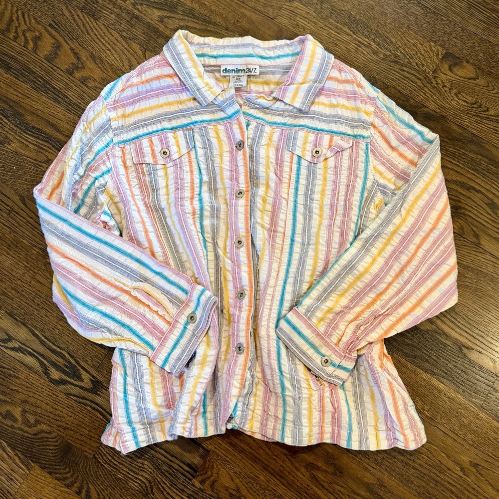 Denim 24/7 Western Button Down Shirt Pastel Stripe Crinkle Cotton Size 26W